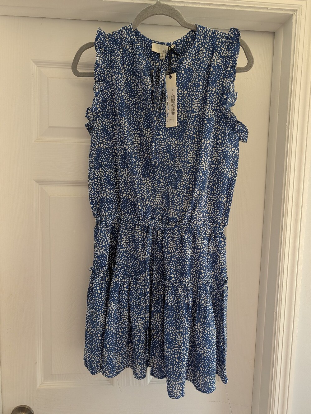 NWT Pinch Boutique Blue&White Speckled Ruffle Sleeve Tiered Mini Dress-Small